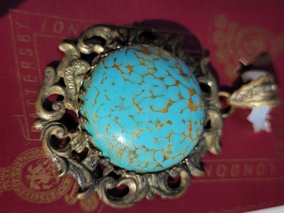 Vintage Faux Turquoise Art Glass Necklace, Silver… - image 5