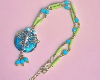 Vintage Acid Green & Blue Milk Glass Artisan Necklace Murano Glass Necklace Gift, Italian Murano Glass Butterfly Beaded Handmade Necklace