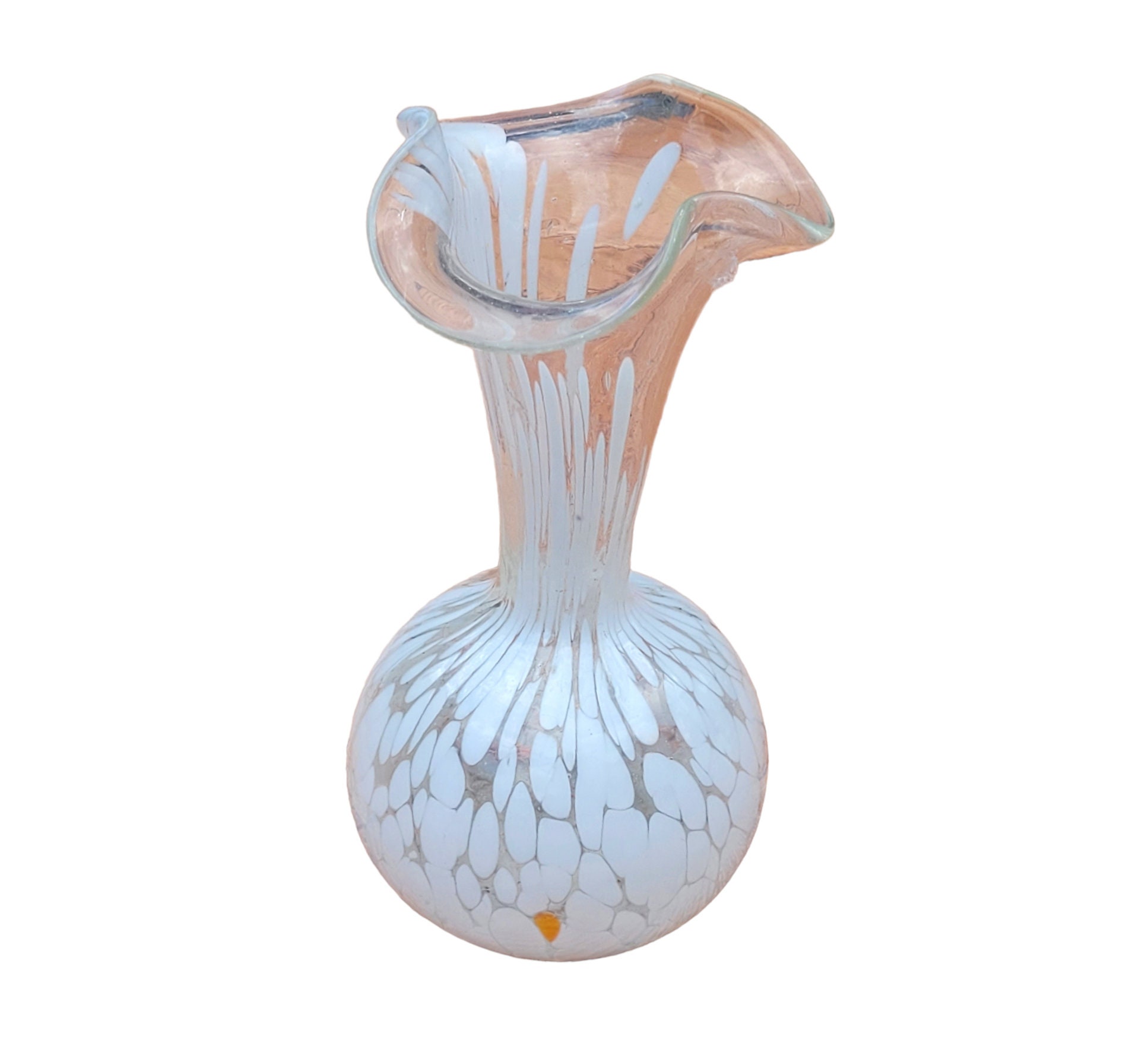 ヴィンテージの手吹きアートガラスのつぼみ花瓶：ホワイトスプラッター