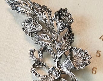 Vintage Marcasite Flower Brooch: Art Deco Silver Toned Floral Pin