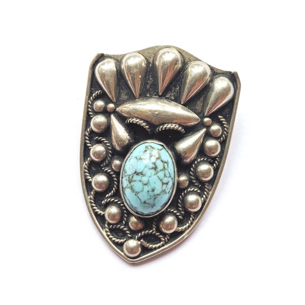 Modernist Alpaca Italy Silver Shield Brooch, Vintage Alpaca Silver Pin with Agate Cabochon Stone, Cape Pin, Hat Pin, Gift For Her, Pagan