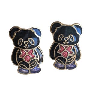 Vintage Cloisonne Baby Panda Earrings, Enamel Studs, Retro Panda Earrings, Quirky Hippy Festival Jewellery Cloisonné Cute Panda Gift For Her