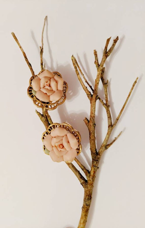 Vintage Rose Earrings, Cottage Core Rose Clip On'… - image 6