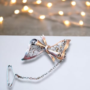 Vintage Sterling Silver Bow Brooch, JDS Brooch 925 Brooch Hallmarked London, With Safety Chain, Gift For Her, Birthday Gift For Her 1970s