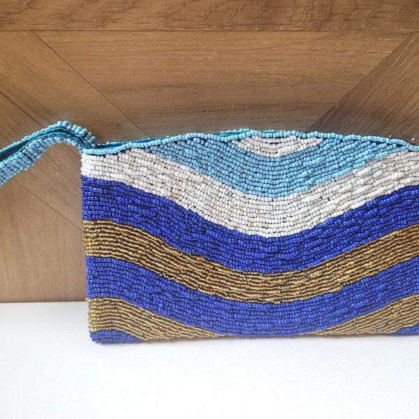 1960s Vintage Beaded Bag, Embellished Evening Bag, Blue Hand Beaded Clutch Bag, Costume Prop, Gift For Her, Gold & Blue Wave Hand Bag Gift