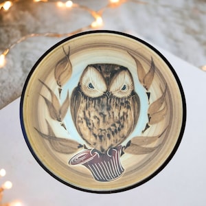 Vintage Handmade Owl Plate, Stoneware Owl Gift For Her, Hand Crafted Collectable 1970s Owl Decorative Plate Neutral Home Decor Woodland Gift