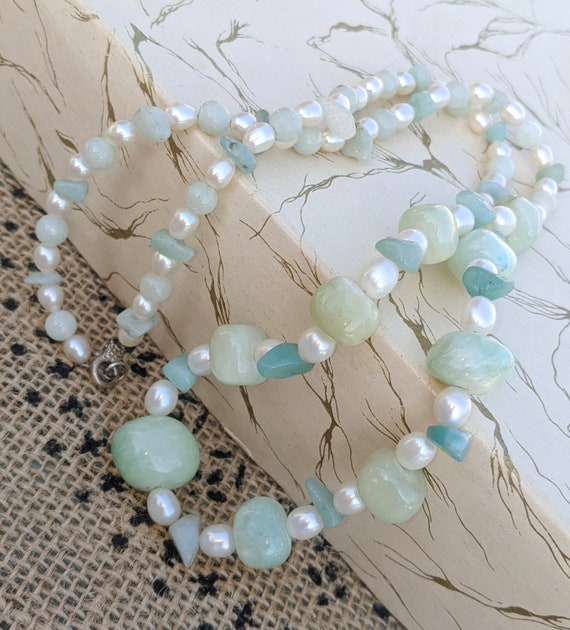 Vintage Jade & Pearl Necklace, Real Cultured Pear… - image 1