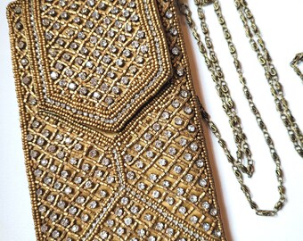 Vintage Art Deco Style Gold Handbag, Handmade Wedding Bag, Vintage Bridal Bag,  Claw Set Crystal Gold Bag, Gold Beaded Evening Shoulder Bag