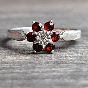 Vintage Silver, Garnet & Diamond  Engagement Ring, Midcentury Ring, Quirky Antique Engagement Ring, Simple Cluster Ring, Valentine's Gift