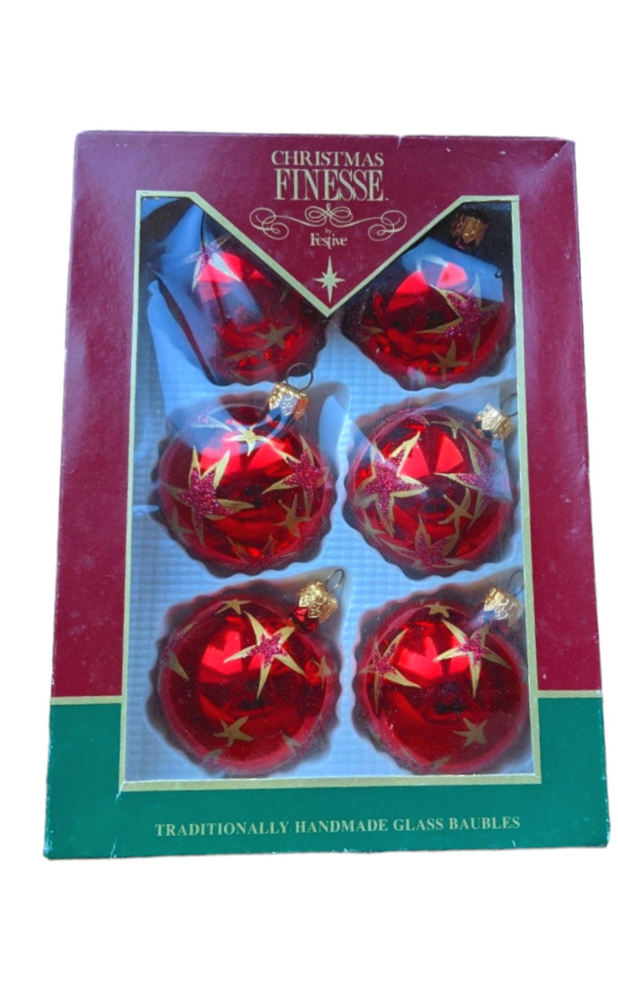 Vintage Mercury Glass Christmas Baubles Set, Vintage Boxed Christmas Decorations, Red Star Retro Christmas Ornaments, Handmade Red Baubles