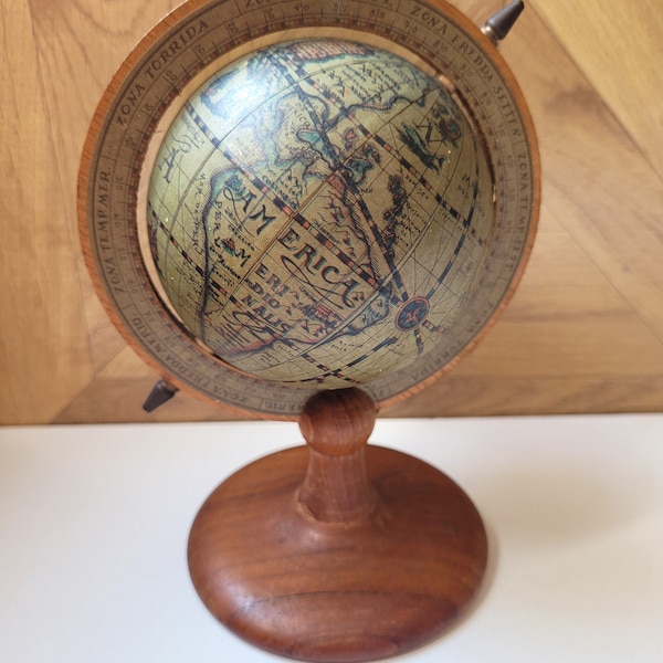 Vintage Wooden Mini Globe Small Spinning Zodiac Sign Globe. A (SURBEX-t A World Of Usefulness) Desk World Globe Gift, Map Gift For Him