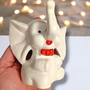 Kitsch Vintage Elephant Ornament Ceramic White Elephant With Dickie Bow Tie, Retro Elephant Figurine, Big Eared Elephant Gift, Present