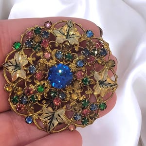 Vintage Acrostic Jewellery Victorian Art, Deco Czech Glass Brooch, Floral Filigree Round Brooch Pin, Antique Costume Jewelry Gift For Her