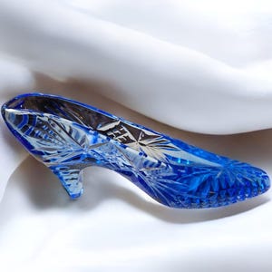 Vintage Glass Slipper Ornament, Royal Blue Victorian Shoe Slipper, Cindarella Gift Glass Slipper, Lead Crystal Glass Slipper Ornament 6&quot;