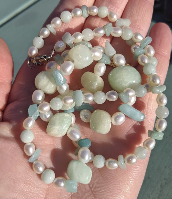 Vintage Jade & Pearl Necklace, Real Cultured Pear… - image 2