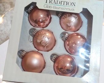 Traditional Christmas Baubles, Vintage Mercury Glass Pastel Peach Pink Glitter Decorations, Boxed Christmas Oranment, Gift For Her, Retro