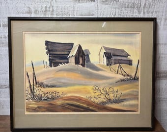 Vintage Matted Quiet Prairie Homestead Art Original Watercolor Signed Jean S 68