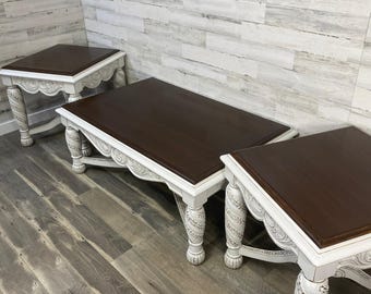3pc Coffee End Table Set Refinished Solid Wood Carving