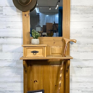 Pier 1 Rustic Pine Hall Tree with Mirror, Coat Hooks, and Umbrella Storage