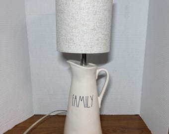 Rae Dunn “Family” White Pitcher Lamp Home Decor Shabby Chic Hammered Ceramic