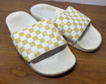 Vans Off The Wall Women's Checkerboard Yellow Leather Slides Sandals Size 7