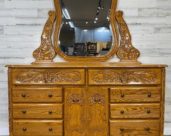 Carved Oak Dresser / Mirror K.S Summit Furniture Dovetailed Cedar Lined Drawers