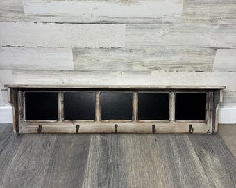 Wooden Shelf With Hooks & Chalkboard