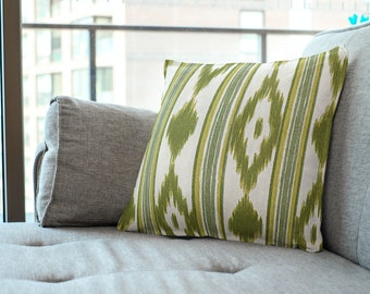 Green ikat cushion cover, Green ikat pillow, Green decorative pillows, Green sofa pillow, Green accent pillows, Green white pillow