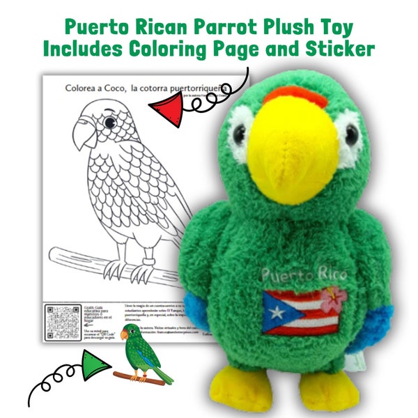 Puerto Rican Parrot Plush Toy Includes Coloring Page and Sticker