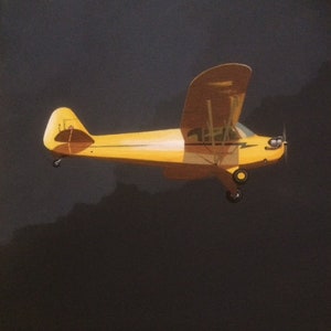 Puede incluir: Un avión amarillo de un solo motor volando contra un cielo azul oscuro. El avión está en el aire, con sus alas ligeramente inclinadas hacia arriba. La imagen es una pintura, con una firma en la esquina inferior derecha.