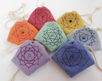 7 Chakra Set: Mojo Bags Embroidered with chakra symbols and gemstones, Handmade