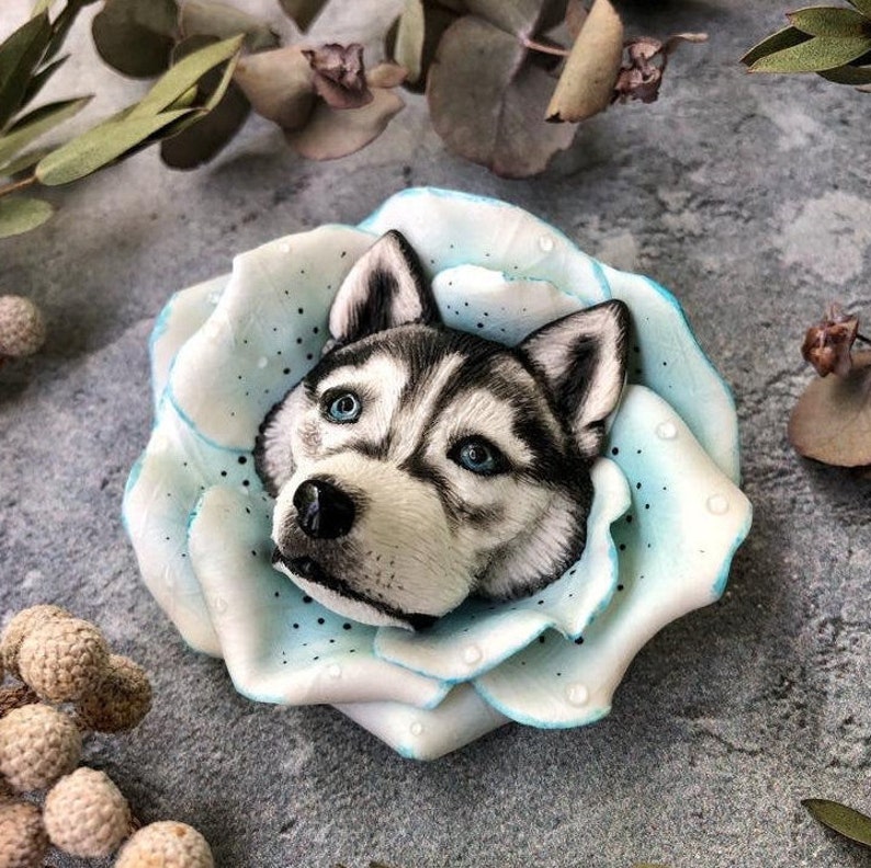 Brooch dog Brooch Husky Dog Flower.