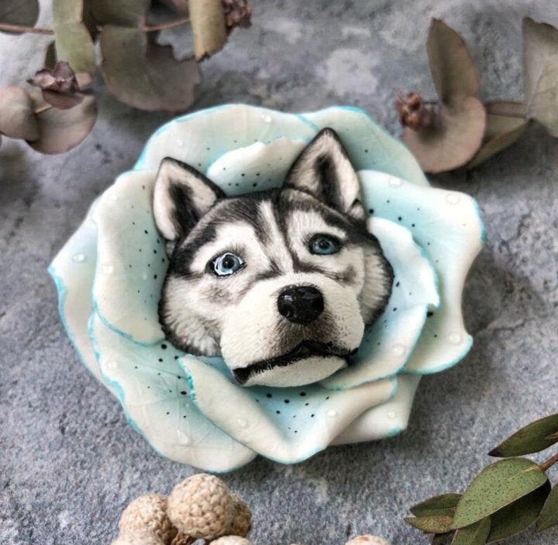 Brooch dog Brooch Husky Dog Flower.