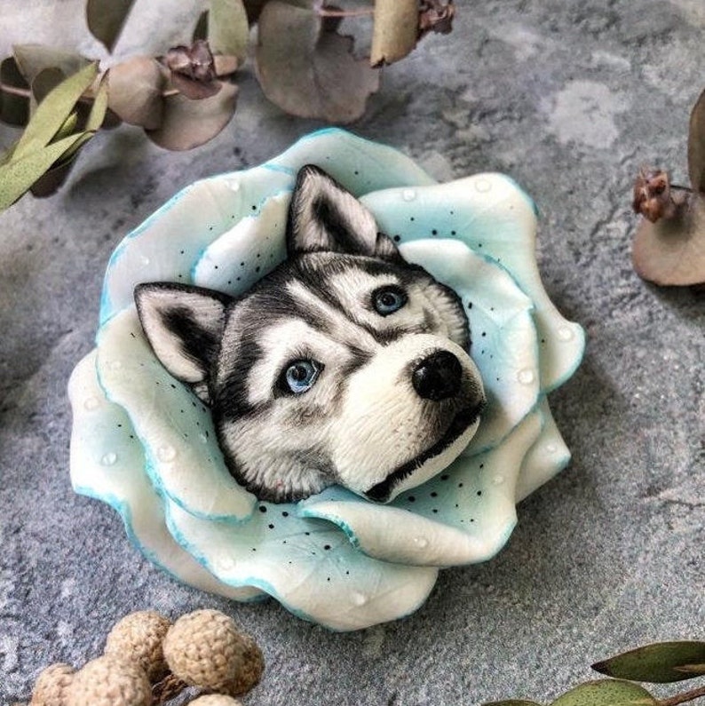 Brooch dog Brooch Husky Dog Flower.