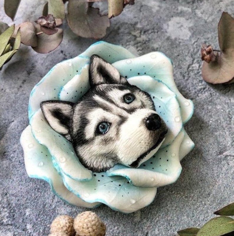 Brooch dog Brooch Husky Dog Flower.