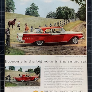 May include: A vintage advertisement for the 1959 Ford featuring a red Ford saloon driving on a country road. The ad highlights the car's fuel efficiency and features, including the Thunderbird V-8 engine and Fordomatic Drive. The text reads "Economy is the big news in the smart set" and "The 59 Fords".