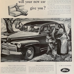 Vintage 1940s ford automobile advertisement