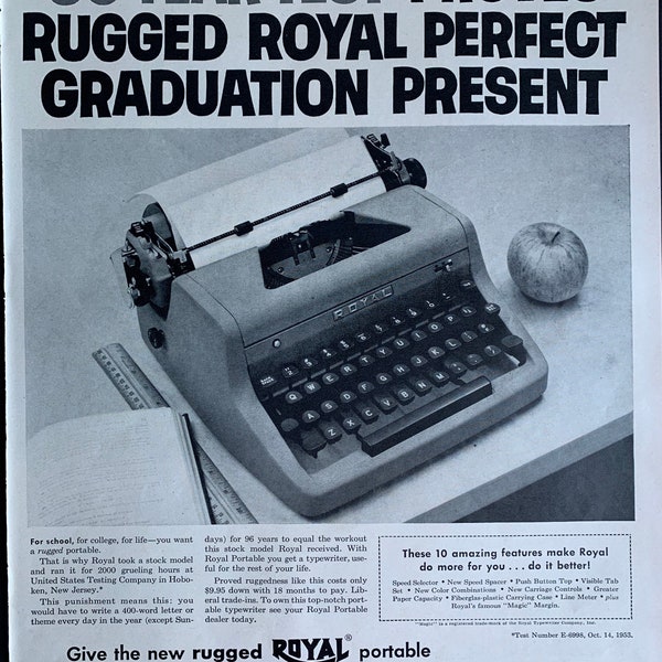 Vintage 1953 royal portable typewriter print ad