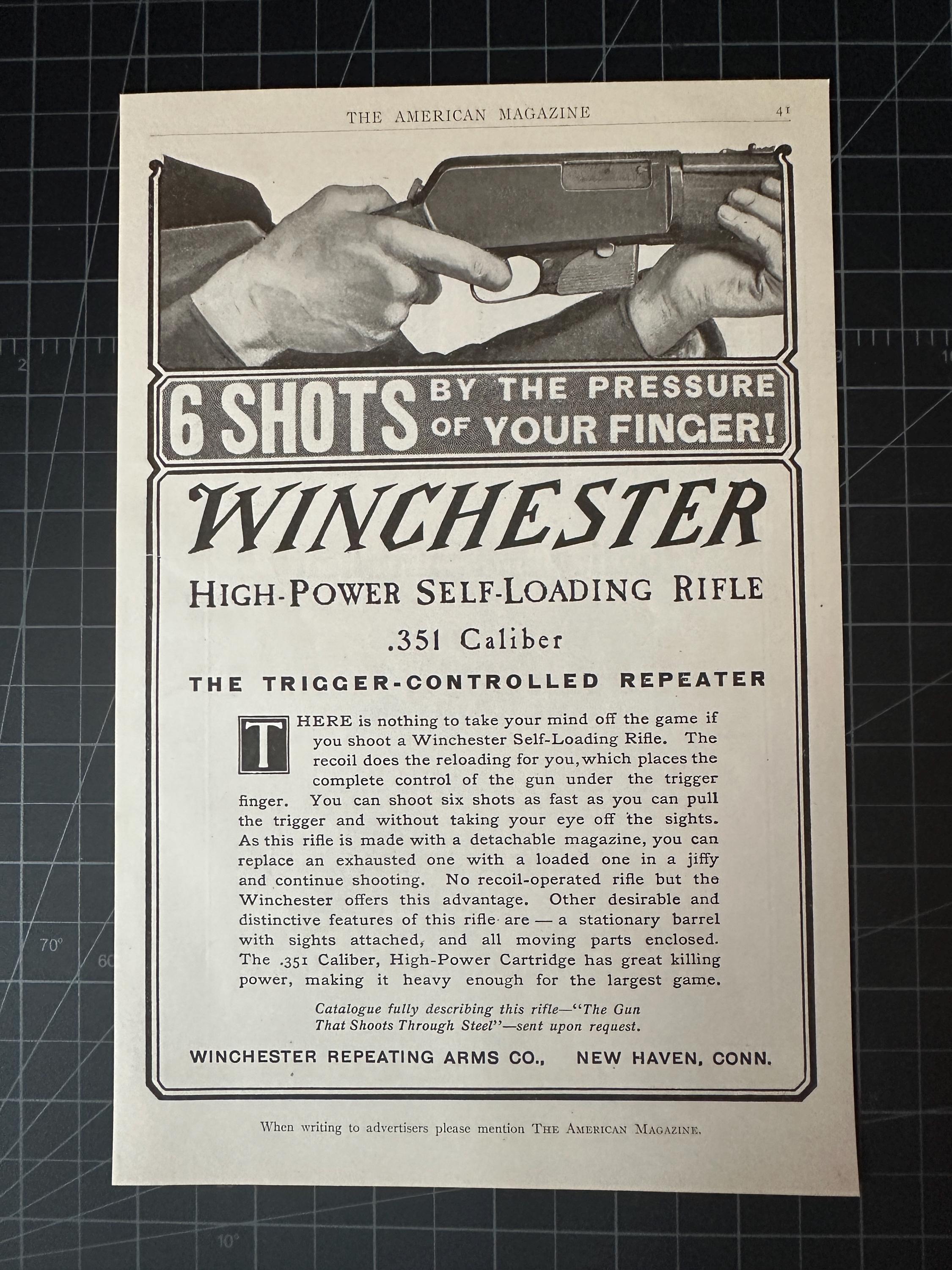 1910年代のアンティークウィンチェスター.351口径ライフルの印刷広告