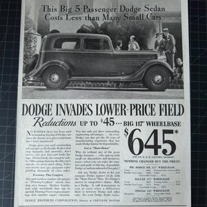 Anúncio impresso de automóvel Dodge vintage de 1934