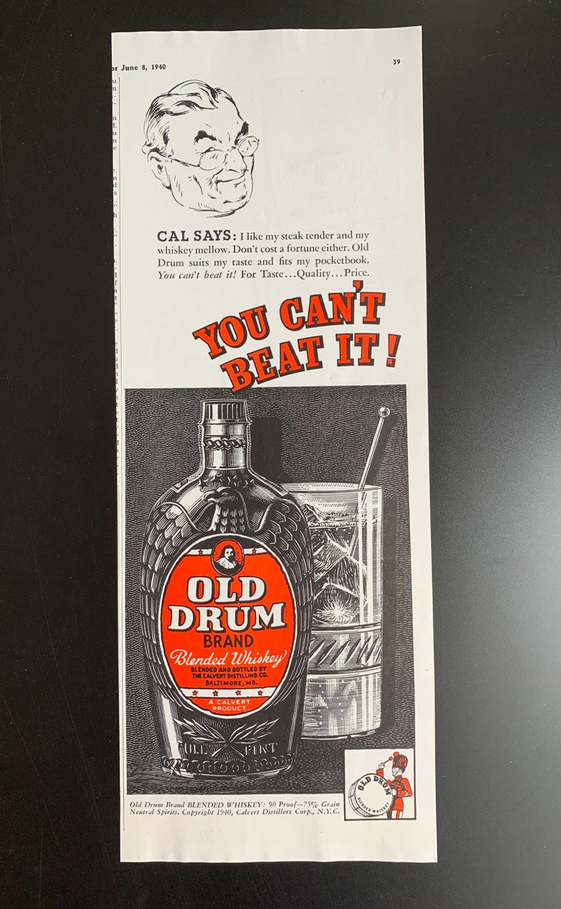 Vintage 1940 Old Drum Whiskey Print Ad Etsy
