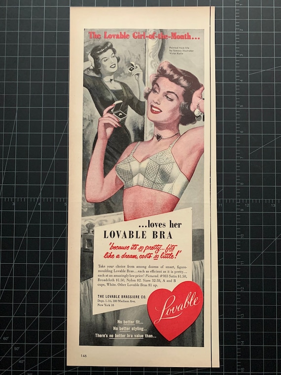 Vintage 1950 lovable bra print ad