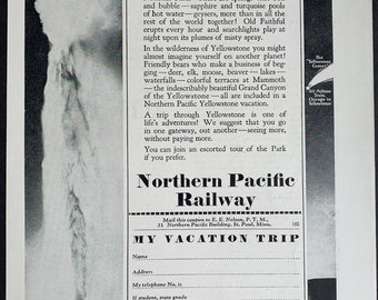 Vintage 1929 Northern Pacific Railway Yellowstone National Park Original Print Ad