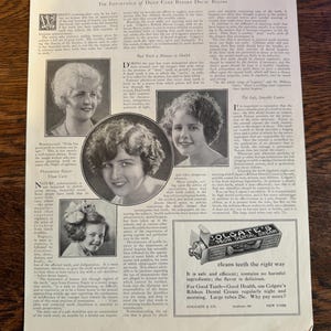 Peut inclure: Une page de magazine vintage avec le titre "Good Teeth and Womanly Beauty". Elle présente des portraits de femmes et une publicité pour Colgate's Ribbon Dental Cream, promouvant l'hygiène dentaire.