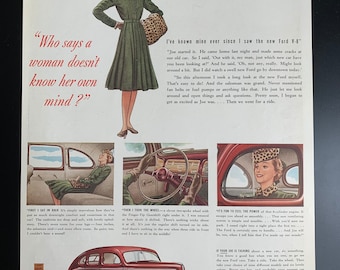 Anuncio impreso vintage de 1940 del Ford V-8: un clásico anuncio de automóviles de antes de la guerra, un Ford Sedán antiguo.