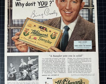 Vintage 1951 Withman's Chocolate Original Print Ad - Bing Crosby