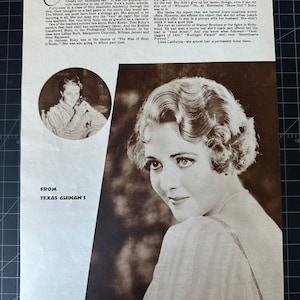 May include: A vintage magazine page featuring a sepia-toned photograph of Ruby Keeler. The image shows a close-up of the actress with her head turned, looking over her shoulder. Text includes "From Texas Guinan's" and "Ruby Keeler."
