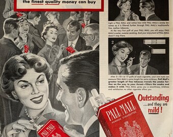 Vintage 1950s Pall Mall Cigarettes Original Print Ad