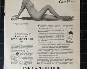 May include: Vintage magazine advertisement from June 1930 for Del-a-tone cream hair remover. The ad features a woman in a swimsuit, with text promoting the product's benefits. The magazine page is aged with visible wear and tear.