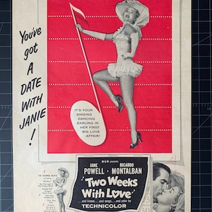 Vintage 1950s “two weeks with love” film print ad - jane powell - ricardo montalbanvintage